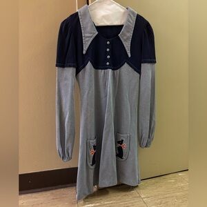 Navy & Light Blue Womens Vintage Handmade Dress w/ Pockets Wing Collar 60s *Read